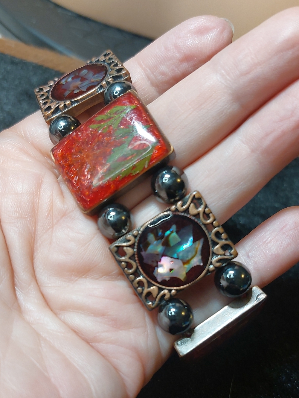 Vintage Copper Abalone Shell Inlay Stretch Panel Bracelet Hematite Bead